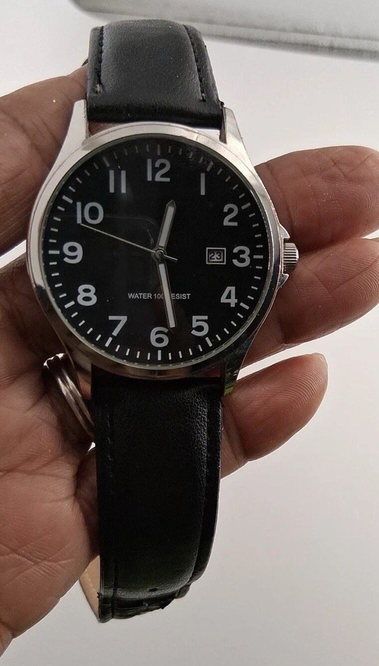 Mens Amazon Essentials Black Dial Field Watch Date Leather Band AE/1000SVG PC32